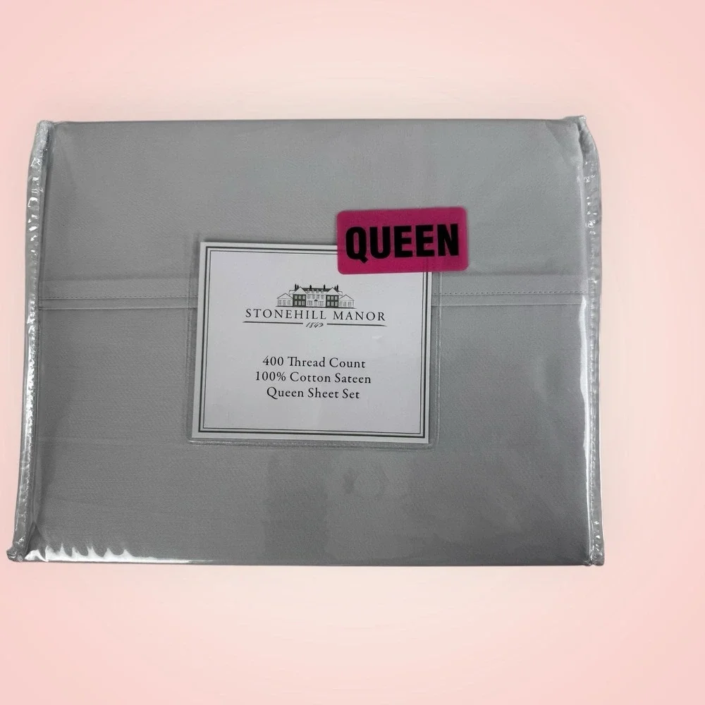 Stonehill Manor Light Grey Sateen Sheet Set Queen 400 Thread Count Cotton Luxury
